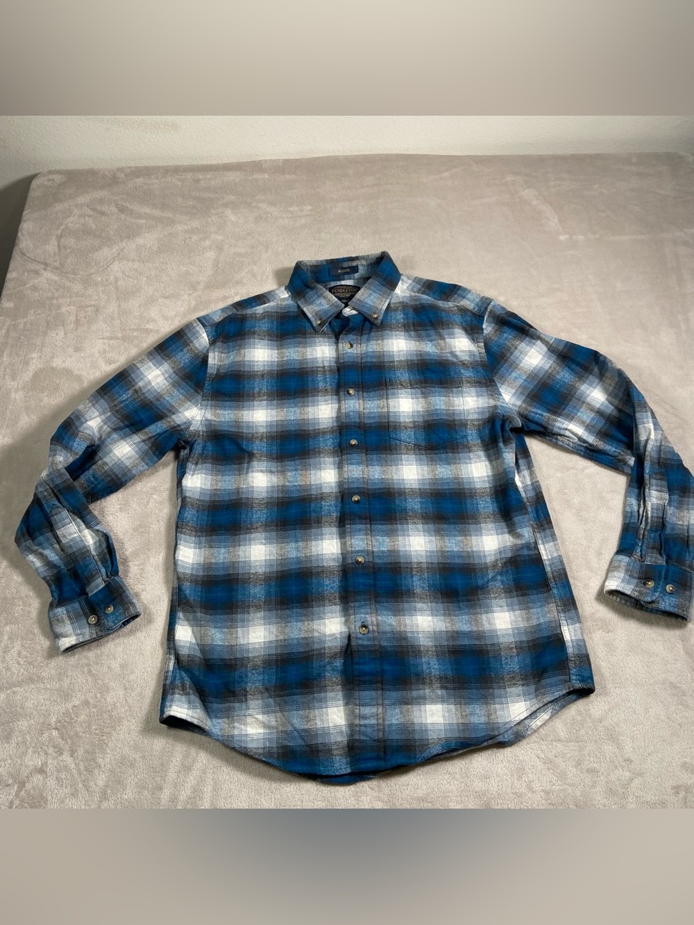 Pendleton Mason Men's M Regular Cotton Woven Blue Gray White Plaid Button-Up